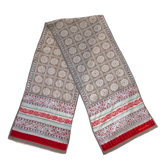 Oscar de la Renta Accessories - Vintage Oscar de la Renta Tan, Red, White & Green Silk Oblong Scarf with Fringe